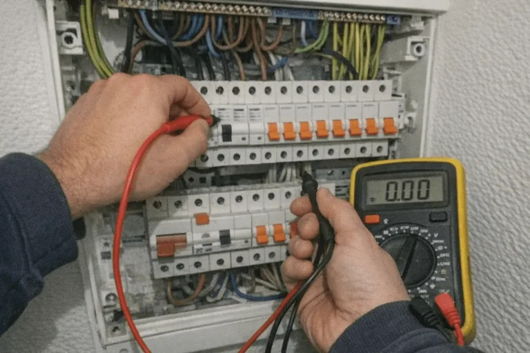 Elektriker prüft den Sicherungskasten in einem Wohnbereich auf Probleme