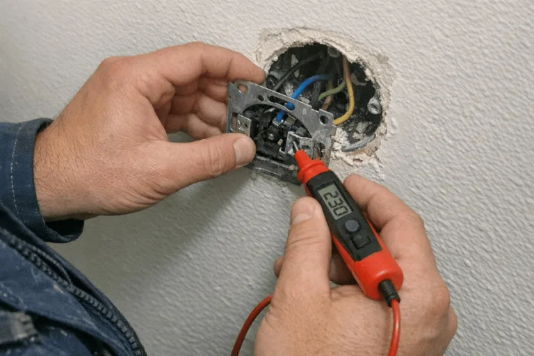 Prüfung eines Lichtschalters auf Spannung in einem einladend renovierten Flur