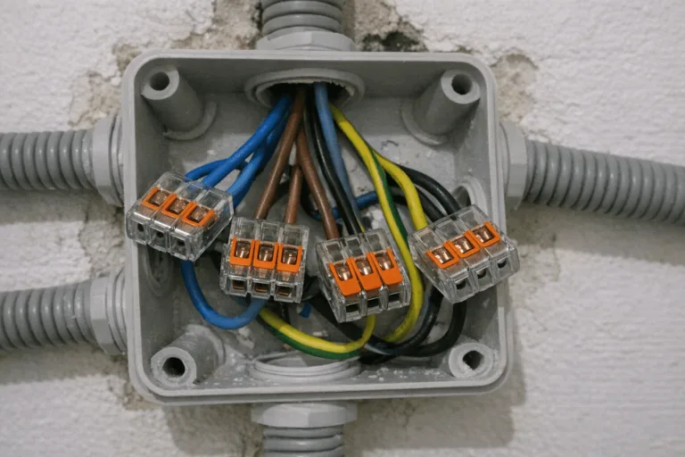 Elektriker repariert eine geöffnete Abzweigdose mit neu geklemmten Leitungen