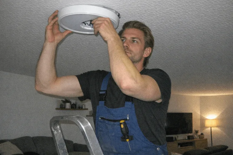 Montage einer runden LED-Deckenleuchte an einer frisch gestrichenen Decke